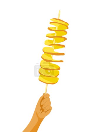 Illustration for Human hand with hweori gamja on stick. Korean street food twisted spiral chips tornado potato. Asian food snack. For banner menu promotion. Vector illustration. - Royalty Free Image