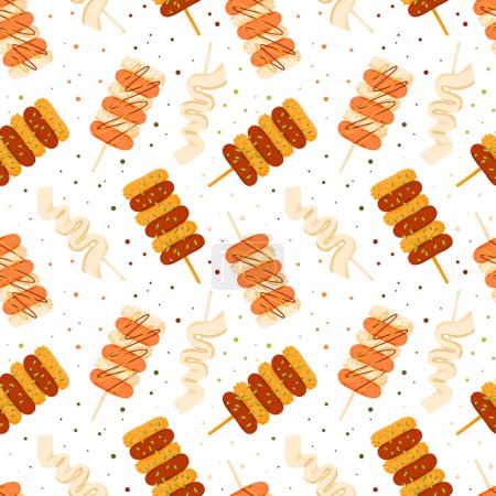 Illustration for Korean street food seamless pattern. Rice cake skewers sotteok sotteok with sausages and rice. Asian snacks on sticks. Cute doodle background. Vector illustration. - Royalty Free Image