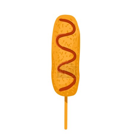 Corndog on stick cute color icon. Korean street fast food. Asian hot dog sausage fried in bread crumbs with ketchup. Popular snack isolated on white. Vector illustration.