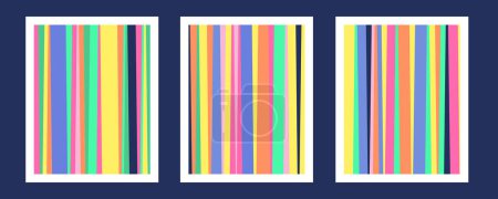 Ilustración de Colorido conjunto de carteles de arte de pared de código de barras. Abstracto arco iris líneas textura, patrón geométrico. Prueba de pantalla NTSC retro Y2k. Folleto de barras de color de televisión. Interior moderno minimalista del hogar. Ilustración vectorial. - Imagen libre de derechos