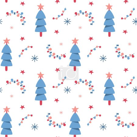 Cute festive seamless pattern with christmas tree, festoons, snowflakes and christmas stars. Simple winter design for cover wrapping paper textile. Vector illustration.