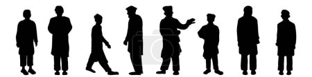 Illustration for Muslim Arab Asia different poses men silhouettes set. Boys, youth and old man wearing Shalwar kameez traditional dress. Inclusiveness and diversity design elements vector illustration. - Royalty Free Image