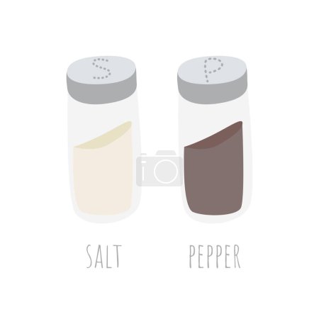 Illustration for Set of salt and pepper transparent glass shakers with perforated metal cap. Isolated on a white background, these kitchen essentials add flavor and style to your culinary designs. Vector illustration. - Royalty Free Image