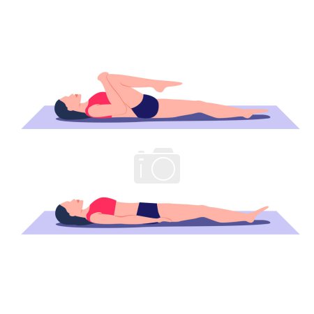 Illustration for Single knee to chest exercise. Stretch out and relieve tension in lower back, hamstrings, and gluteus. Bring one knee up towards chest from lying on back position, lower back pain appeasement. Girl. - Royalty Free Image