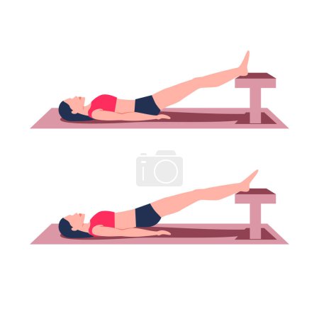 Illustration for Pelvic lift feet on bench exercise educational scheme infographic. Woman makes hip thrust for strength gluteal and hamstrings muscles. Lower back pain relief workout. Vector illustration. - Royalty Free Image