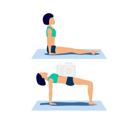 Illustration for Ardha purvottanasana or reverse tabletop yoga pose. Crab pose for respiratory and endocrine systems stimulation. Woman workout educational scheme for physiotherapist, brochure, app, web. Vector - Royalty Free Image