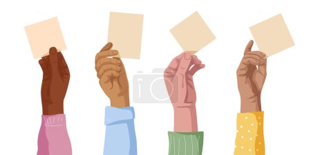 Conjunto de manos humanas de palma y dedos de diferentes razas y elementos de tela sosteniendo banner vacío con espacio de copia. Usted lo necesita para los folletos, folletos, publicidad, anuncio, estilo realista anime