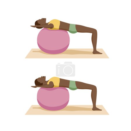 Woman is performing a chest exercise on a fit ball. The movement involves pressing down on the ball with her forearms. Beneficial for relieving kyphotic lordotic back posture.