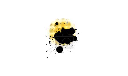Photo for Black ink dropped splatter splash with yellow color halftone graphic on white - Royalty Free Image