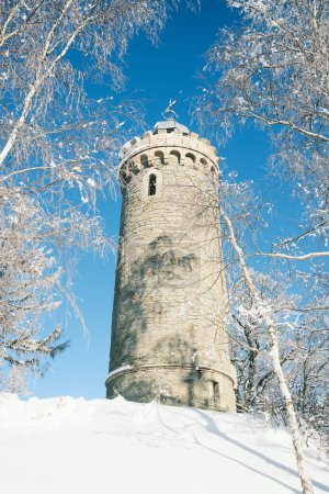 Photo for Tall tower on hill in winter forest - Royalty Free Image