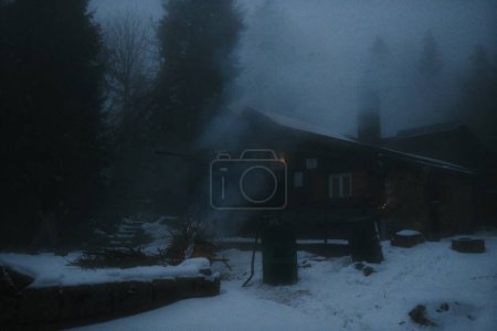 Téléchargez les photos : Paysage hivernal avec cabane enneigée dans les bois - en image libre de droit