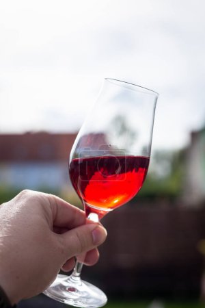 Téléchargez les photos : Vin rouge dans un verre à la main, gros plan - en image libre de droit