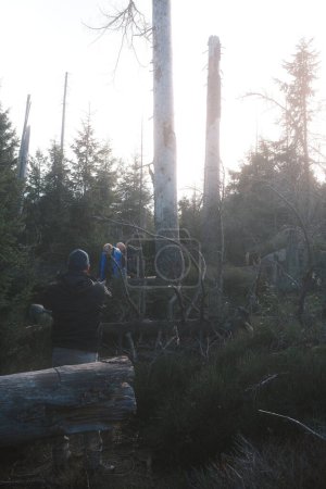 Téléchargez les photos : Groupe de touristes avec sacs à dos randonnée à travers la forêt d'automne - en image libre de droit