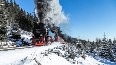 Foto de Tren de vapor en el bosque nevado de invierno - Imagen libre de derechos