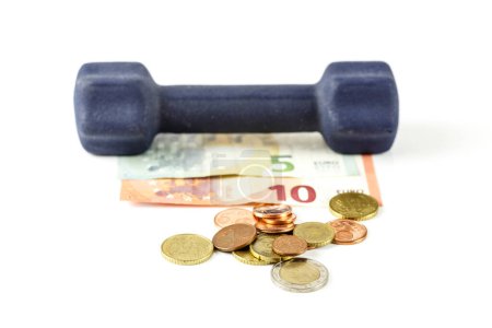 Photo for Dumbbell with euro banknotes and coins on white background - Royalty Free Image