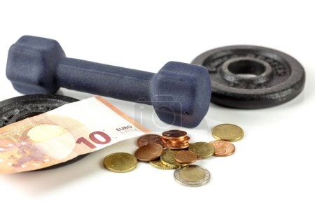 Photo for Weight, dumbbells and money on white background - Royalty Free Image