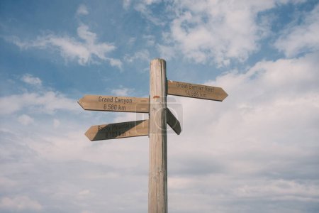 closeup shot of wooden signpost with arrows signs on sky background