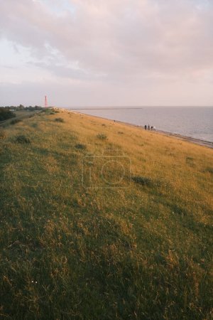 Foto de Pintoresca vista de la escena al aire libre. hermosa vista de la costa del mar en la luz del atardecer - Imagen libre de derechos