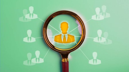Photo for Human Resource Management, Magnifier glass focus on the manager icon, staff icons for human development recruitment leadership and customer target group, employment, headhunting concepts, HRM - Royalty Free Image