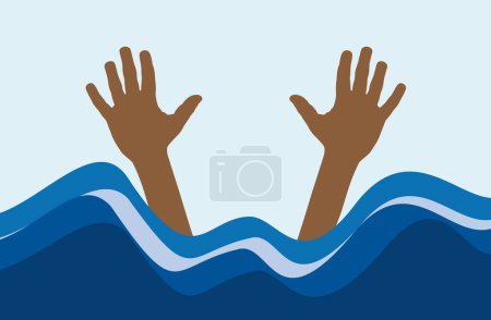 Ilustración de Bather pidiendo ayuda mientras se ahoga. Manos de migrantes que emergen de las olas del mar. Inmigración ilegal. Ilustración vectorial - Imagen libre de derechos