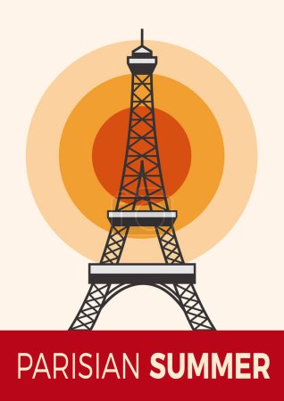 Téléchargez les illustrations : Tour Eiffel, Paris. Été parisien, affiche et couverture avec soleil dans un design plat - en licence libre de droit