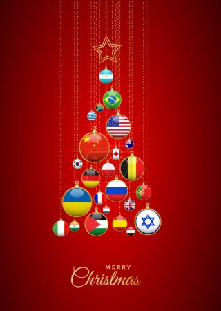 Weihnachtsbaum mit Nationalflaggen, Weltfrieden ohne Kriege. Vektorabbildung, Grußkarte.