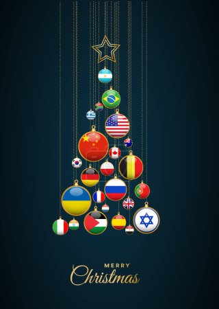 Weihnachtsbaum mit Nationalflaggen, Weltfrieden ohne Kriege. Vektorabbildung, Grußkarte.