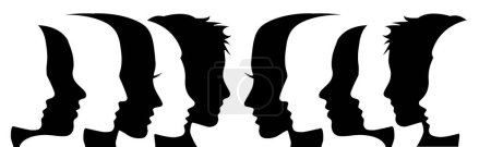 Ilustración de Cara a cara. Confrontación o diálogo entre grupos de personas. Banner abstracto vectorial con cabezas humanas en silueta - Imagen libre de derechos