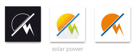 Illustration for Rays of the sun hitting a solar panel that produces electricity. Solar power. Vector logo green energy. 2050 net zero emissions - Royalty Free Image