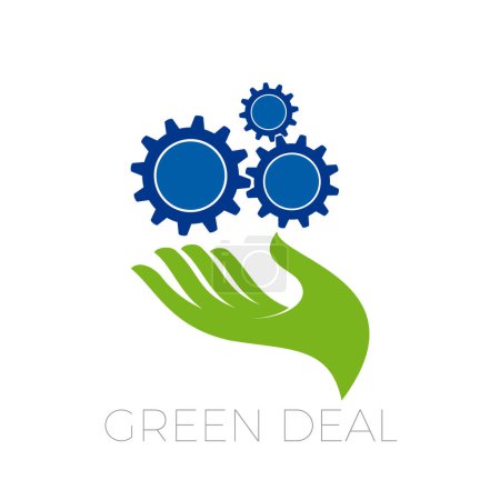 Téléchargez les illustrations : Main et engrenages. Accord vert et industrie durable. Logo vectoriel - en licence libre de droit