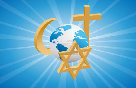 Illustration for Peace and dialogue between religions. Golden christian, Jew and Islamic symbols around the earth - Royalty Free Image