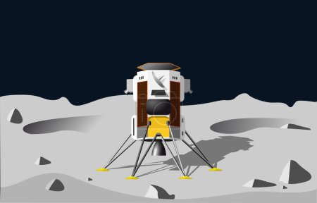 Atterrissage de l'atterrisseur lunaire sur un paysage gris cratérisé de la lune. Illustration vectorielle
