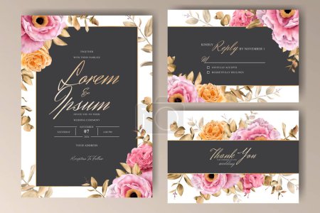Téléchargez les illustrations : Ensemble de modèle d'invitation de mariage cadre floral aquarelle - en licence libre de droit