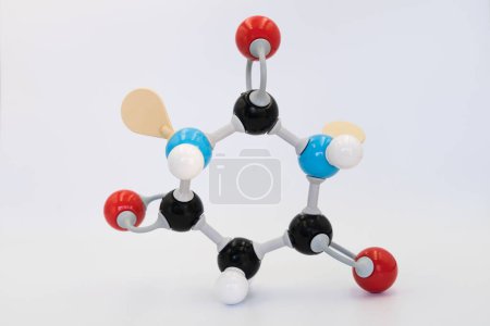 Foto de Ácido barbitúrico, (también malonilurea o 6-hidroxiuracilo) molécula elaborada por modelo molecular sobre fondo blanco. Fórmula química con átomos y enlaces coloreados - Imagen libre de derechos