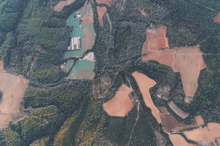 Téléchargez les photos : Vue aérienne du paysage de La Garrotxa avec des buissons, des prairies et des parcelles. Vue de dessus de la pinède du Parc Naturel Volcanique de La Garrotxa. - en image libre de droit