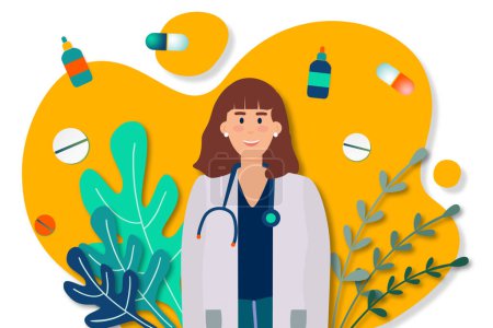 Ilustración de Doctor concept. Doctor surrounded by medicines. - Imagen libre de derechos