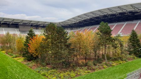 Téléchargez les photos : Une forêt plantée au milieu du stade de football à Klagenfurt, en Autriche. Le gazon de terrain ressemble à la forêt, changer de couleurs pour l'automne. Beaucoup de différentes sortes d'arbres. Installation moderne. Nature - en image libre de droit