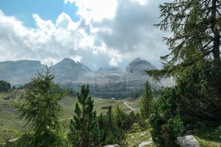 Téléchargez les photos : Vue panoramique sur la vallée dans les hautes Dolomites italiennes. Il y a une forêt dense au pied de la colline, une chaîne de montagnes escarpée et pointue à l'arrière. Route gravelée qui longe la vallée. Découvrir - en image libre de droit