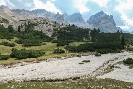 Téléchargez les photos : Une vue panoramique sur une vallée avec une vaste région lacustre sèche dans les Dolomites italiennes. Chaînes de montagnes pointues et pierreuses autour. Quelques rochers sur la prairie verte. Forêt dense au pied de la colline. Un peu de ciel couvert - en image libre de droit