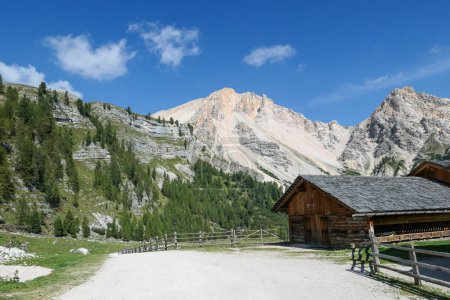 Téléchargez les photos : Chalets en bois le long d'une route gravelée dans les Dolomites italiennes. Le chalet est entouré d'une chaîne de haute montagne, partiellement envahie par une forêt dense. Journée claire et ensoleillée. lieu de repos - en image libre de droit