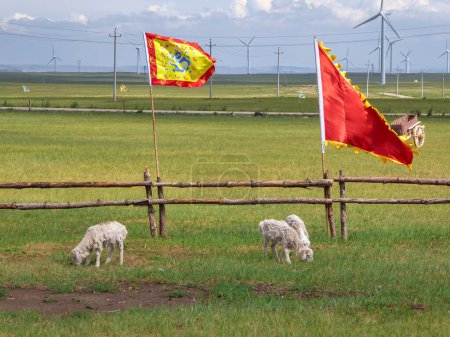 Foto de A small heard of sheep grazing under wind turbines build on a vast pasture in Xilinhot, Inner Mongolia. Natural resources energy. Endless grassland. There are two Mongolian flags behind them. - Imagen libre de derechos