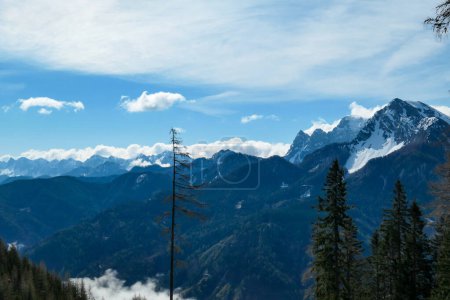 Téléchargez les photos : Vue rapprochée sur les Alpes à capuchon sonw en Slovénie. Il y a des nuages épais et blancs derrière les montagnes. Il y a quelques arbres dans le cadre. Paysage idyllique. Nuageux, mais ensoleillé. Calme - en image libre de droit