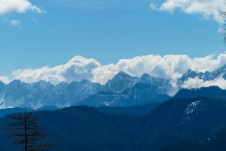 Photo for A close up view on the sonw-capped Alps in Slovenia. There are thick, white clouds behind the mountains. There are a few trees in the frame. Idyllic landscape. Cloudy, but sunny day. Calmness - Royalty Free Image