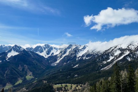 Téléchargez les photos : Une vue panoramique sur la vallée de Baeren dans les Alpes autrichiennes. Les plus hauts sommets de la chaîne sont à capuchon sonw. Un pâturage verdoyant devant. Quelques arbres sur les pentes. Journée claire et ensoleillée. Chaînes de haute montagne. - en image libre de droit