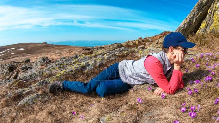 Foto de A woman lying on the golden pasture, surrounded by purple crocuses in the region of Sauofen in Austrian Alps. Spring on Alpine meadows. There is a sharp stony wall behind her. Smiling woman - Imagen libre de derechos