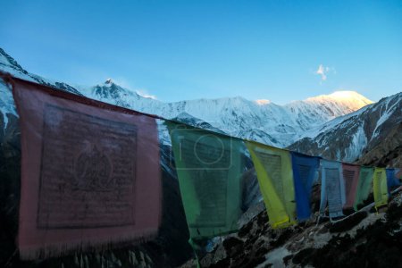 Téléchargez les photos : Drapeaux de prière agitant le vent dans la vallée de Manang, Annapurna Circus Trek, Himalaya, Népal, avec vue sur la chaîne de l'Annapurna et Gangapurna. Paysage sec et désolé. Hauts sommets enneigés - en image libre de droit