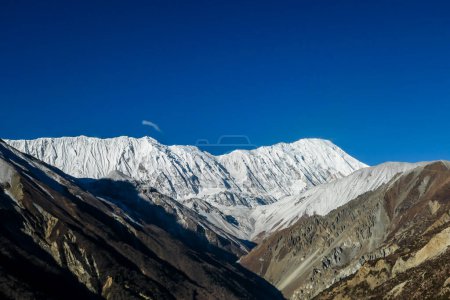 Téléchargez les photos : Pentes dures et dorées dans la vallée de Manang, Annapurna Circus Trek, Himalaya, Népal, avec vue sur la chaîne Annapurna et Gangapurna. Paysage sec et désolé. Hauts sommets enneigés - en image libre de droit