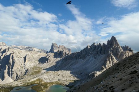 Foto de Pájaro volando sobre dos pequeños lagos de color azul marino en el fondo del valle en los Alpes italianos. Los lagos están rodeados de picos altos y empinados. Las laderas son de un verde exuberante. Paisaje crudo. Remedio y libertad - Imagen libre de derechos