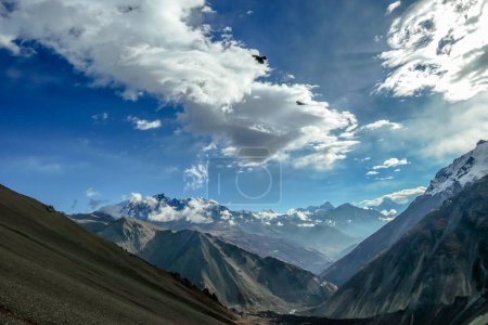 Téléchargez les photos : Two birds flying over Himalayas, Annapurna Circuit Trek, Himalayas, Nepal.  Endless mountain chainsin the back, covered with clouds and snow.  Dry and steep slopes. Freedom and wilderness. - en image libre de droit