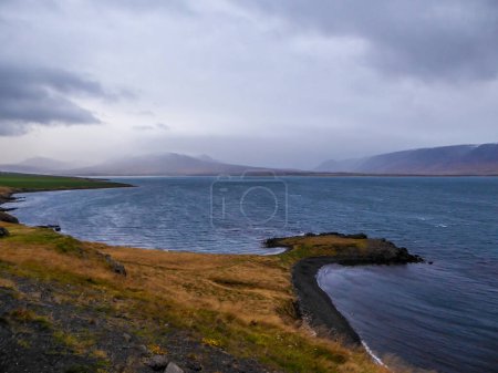 Foto de Grassy coast of the fjord with tall mountains in the back. The grass has green shades. Water of the fjord is calm. Great overcast. A headland covered with lava stones. Taller mountains in the back - Imagen libre de derechos